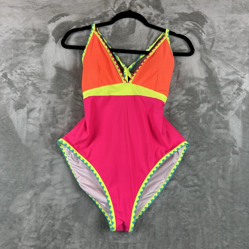 Popvil Women's XXL Neon Color Block Pink Orange Yellow Blue One Piece